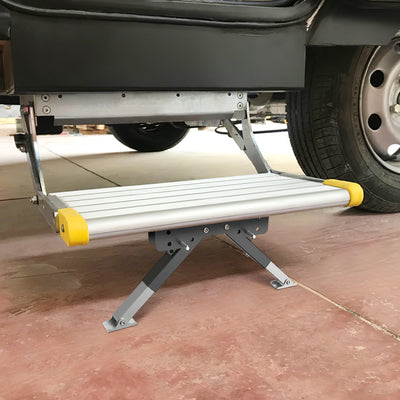 Mpow Adjustable folding step stabilizer for RVs. Anti-shake and anti-sinking. Easy installation. Upgraded stability. Enhanced support and protection for the step