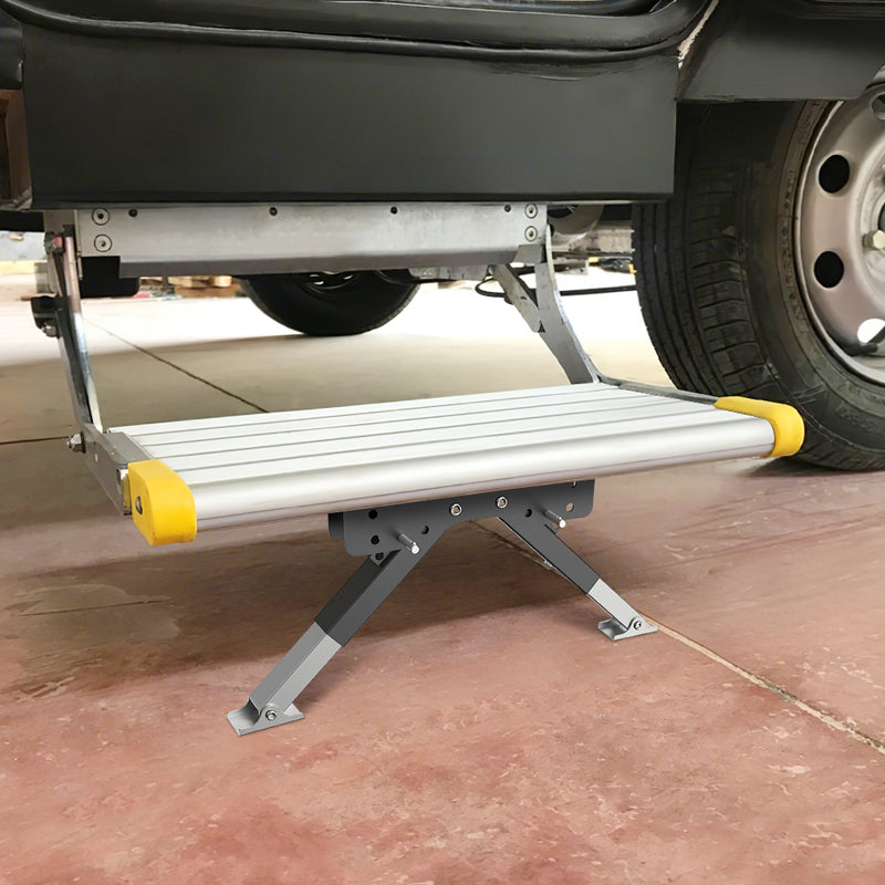 Mpow Adjustable folding step stabilizer for RVs. Anti-shake and anti-sinking. Easy installation. Upgraded stability. Enhanced support and protection for the step