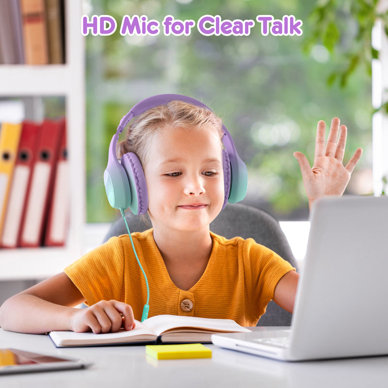 Mpow Kids Headphones with Microphone, 85/94dB Safe Volume Limit, over Ear Headphones for School Travel, Taro Purple & Mint Green