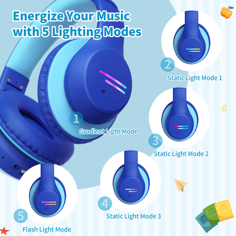 Kids Bluetooth Headphones, Colorful LED Lights Kids Headphones Wireless, 74/85/94dB Safe Volume, 90H Playtime, Fast Charging, Over Ear Toddler Headphones, Built-in Mic for School/Tablet/Airplane,Blue