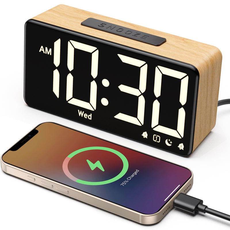 Wooden Alarm Clocks for Bedrooms, Digital Clock with Large Display, Desk Clock for Bedside, Super Loud for Heavy Sleepers, Power-Off Memory & Alarm, 4 Level Brightness +Off, Dual Alarm, 12/24H