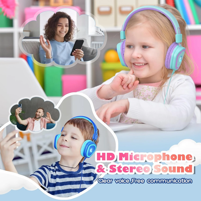Mpow Kids Headphones with Microphone(2 Pack), Stereo Audio Share Volume Limit Foldable Adjustable Wired Headphones for Kids, Kids Headphones for School Tablet Airplane
