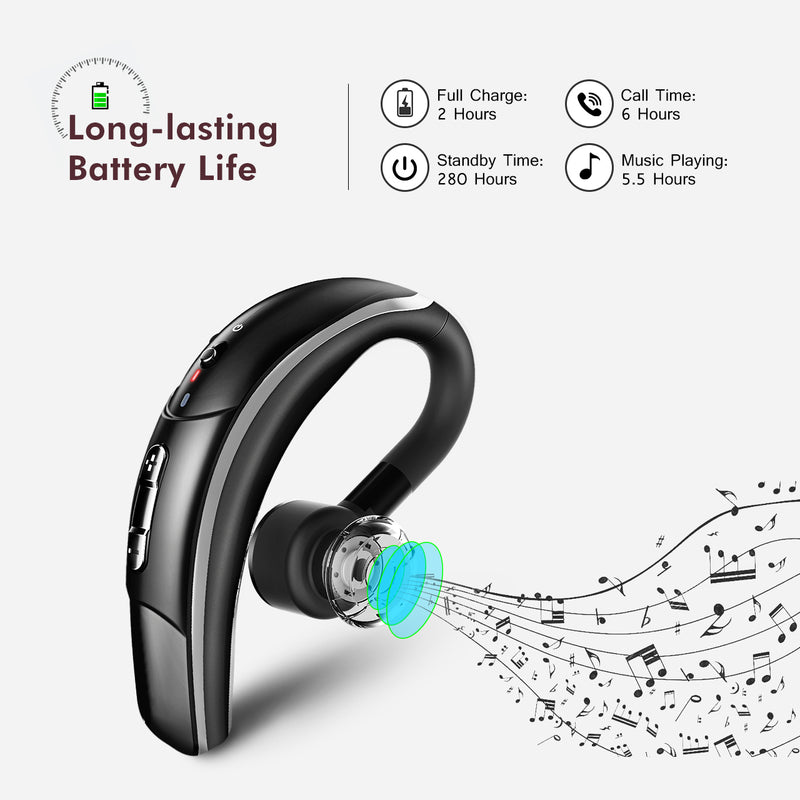 Mpow Bluetooth Headset w/Noise Cancelling Mic, Wireless Bluetooth Earpiece, 280 Hours Standby, Hands-Free Wireless Headset with Microphone, Hands-Free Headphones for Trucker/Business/Office Black