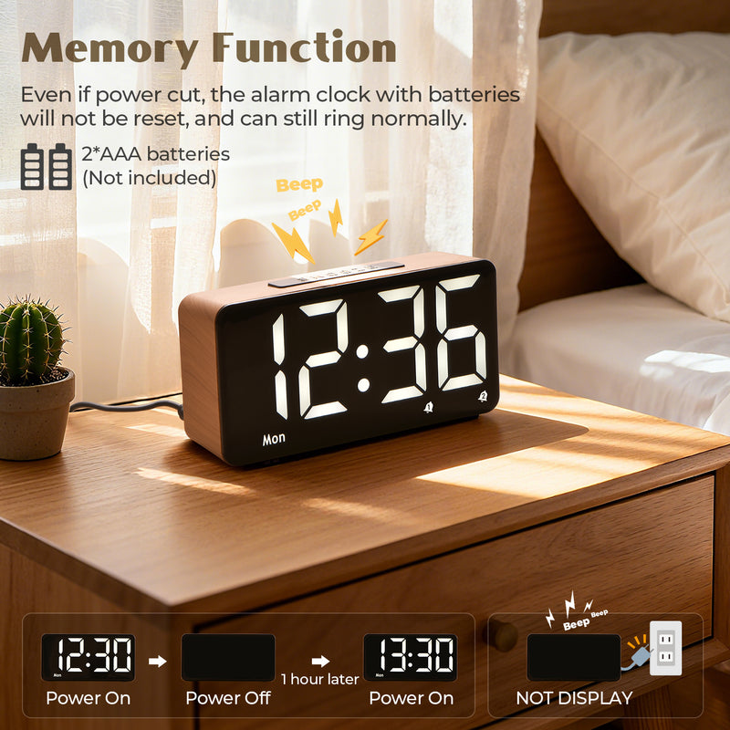 Wooden Alarm Clocks for Bedrooms, Digital Clock with Large Display, Desk Clock for Bedside, Super Loud for Heavy Sleepers, Power-Off Memory & Alarm, 4 Level Brightness +Off, Dual Alarm, 12/24H