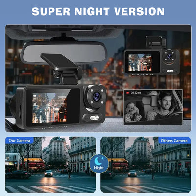 Mpow 2.0-inch IPS Screen Triple-Camera Wi-Fi Dash Cam with 1080P Front Camera, Rear View, Parking Monitoring, and Multi-Language Support