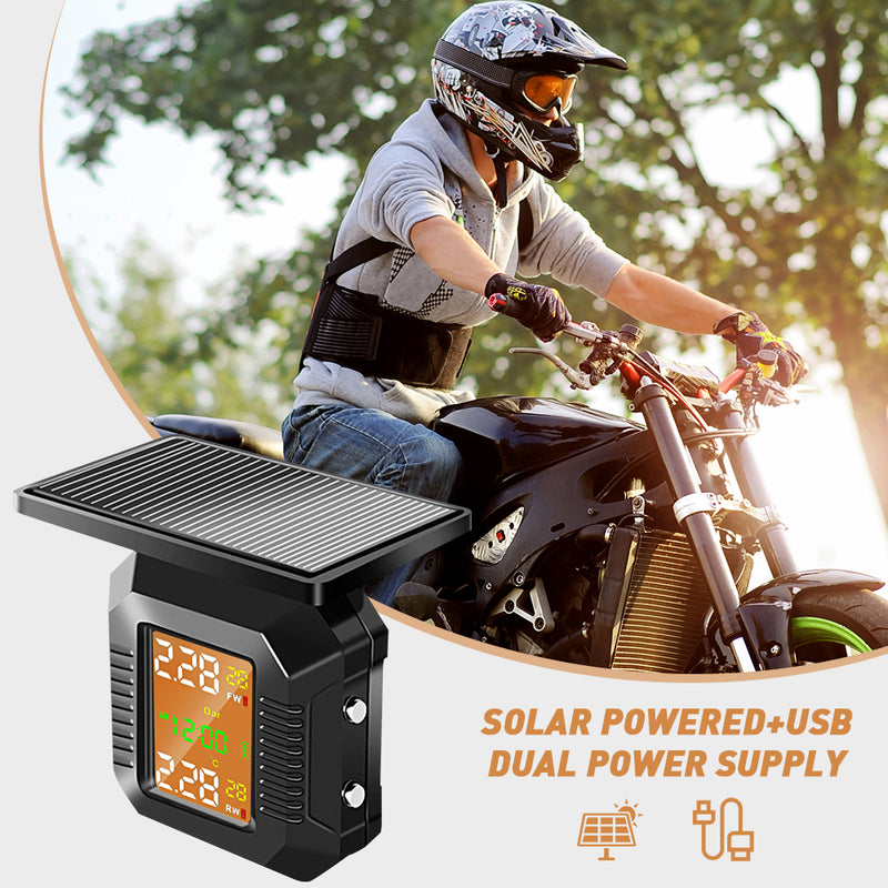 Mpow Motorcycle TPMS Tire Pressure Monitoring System - Wireless Solar Charging, 2 Sensors, LCD Display