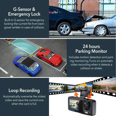 Mpow 2.0-inch IPS Screen Triple-Camera Wi-Fi Dash Cam with 1080P Front Camera, Rear View, Parking Monitoring, and Multi-Language Support