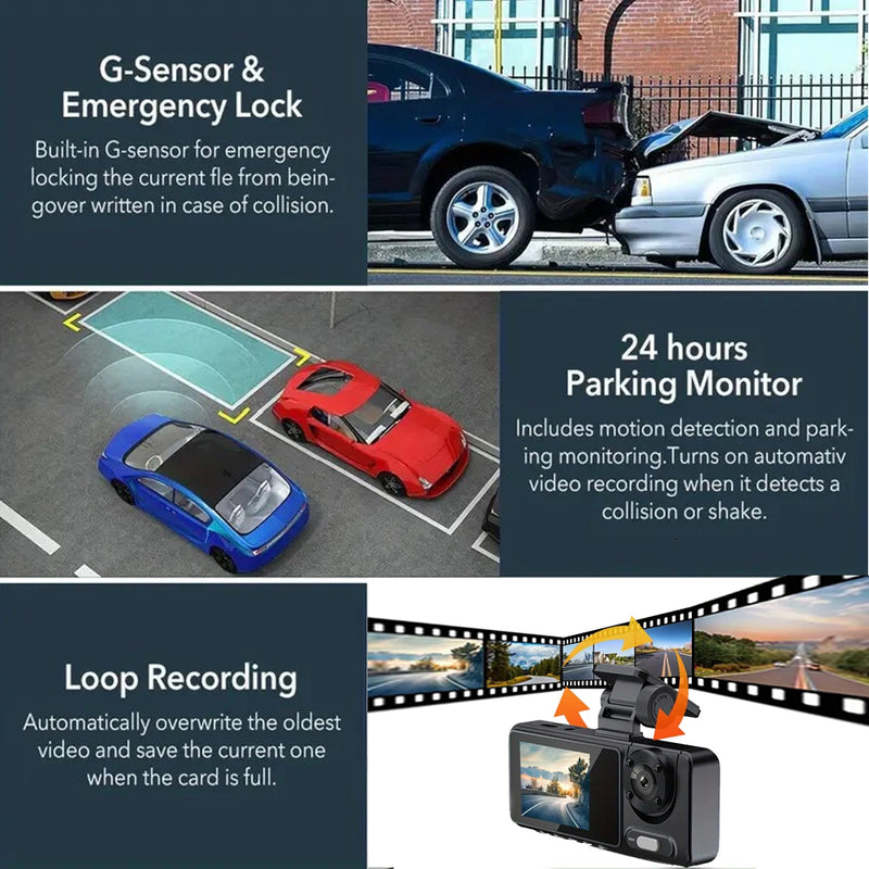 Mpow 2.0-inch IPS Screen Triple-Camera Wi-Fi Dash Cam with 1080P Front Camera, Rear View, Parking Monitoring, and Multi-Language Support