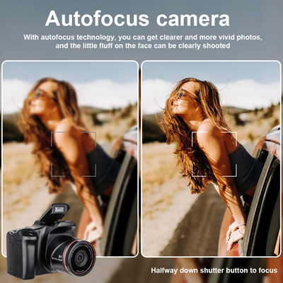 Mpow 16-megapixel camera with 16x digital zoom, 2.4-inch screen, 32GB memory card included, and multi-language support