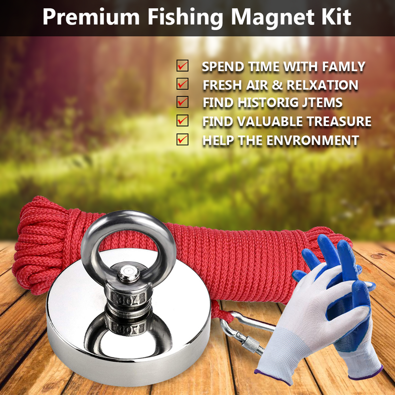 Mpow Neodymium Magnet Fishing Kit with 130kg Maximum Pull, 10m Red Rope, and Protective Gloves: A Perfect Outdoor Treasure Hunting Tool