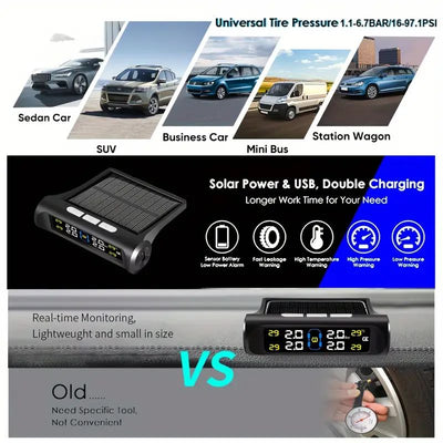 Mpow Solar-powered Car TPMS Tire Pressure Monitoring System with Wireless External Sensor and High-definition LCD for Dual Tire Pressure and Temperature Measurement
