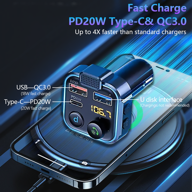 Mpow Bluetooth 5.3 Car FM Transmitter - Hi-Fi Music, Dual Mic Noise Cancellation, 20W PD Fast Charge
