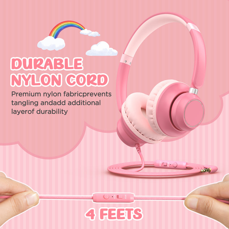 Mpow Kids Headphones with Microphone, 85/94dB Volume Limit, Foldable Over-Ear Stereo Headphones for for Girls & Toddlers, Pink