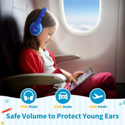 Kids Bluetooth Headphones, Colorful LED Lights Kids Headphones Wireless, 74/85/94dB Safe Volume, 90H Playtime, Fast Charging, Over Ear Toddler Headphones, Built-in Mic for School/Tablet/Airplane,Blue