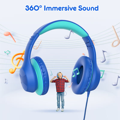 Mpow Kids Headphones with Microphone, 85/94dB Safe Volume Limit, over Ear Headphones for School Travel, Blue