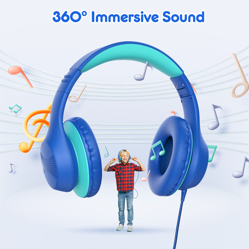 Mpow Kids Headphones with Microphone, 85/94dB Safe Volume Limit, over Ear Headphones for School Travel, Blue