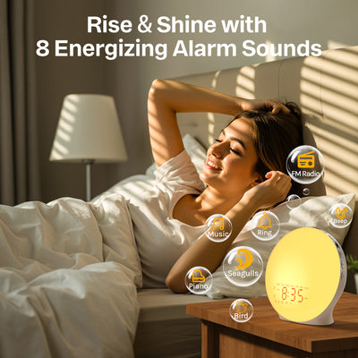 Mpow Wake up Light Sunrise Alarm Clock for Heavy Sleepers, Sleep Aid & Sound Machine, Sync Time with Bluetooth Connection, 25 Natural Sounds, Dual Alarms, 5-20min Snooze, FM Radio, Battery Backup