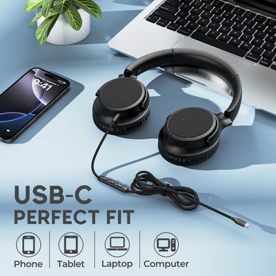 USB C Headphones Wired, Over Ear Wired Headphones with Microphone, Volume Control, HD Stereo Sound, Foldable Type C Headset for Relaxing, Gaming, Travel