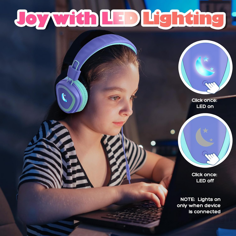 Mpow Kids Headphones with Microphone, USB-C Wired Kids Headphones with LED Light & Stereo, 85/94 DB Safe Volume Foldable over-Ear Headphones for School Home Boys Girls Toddler Tablet
