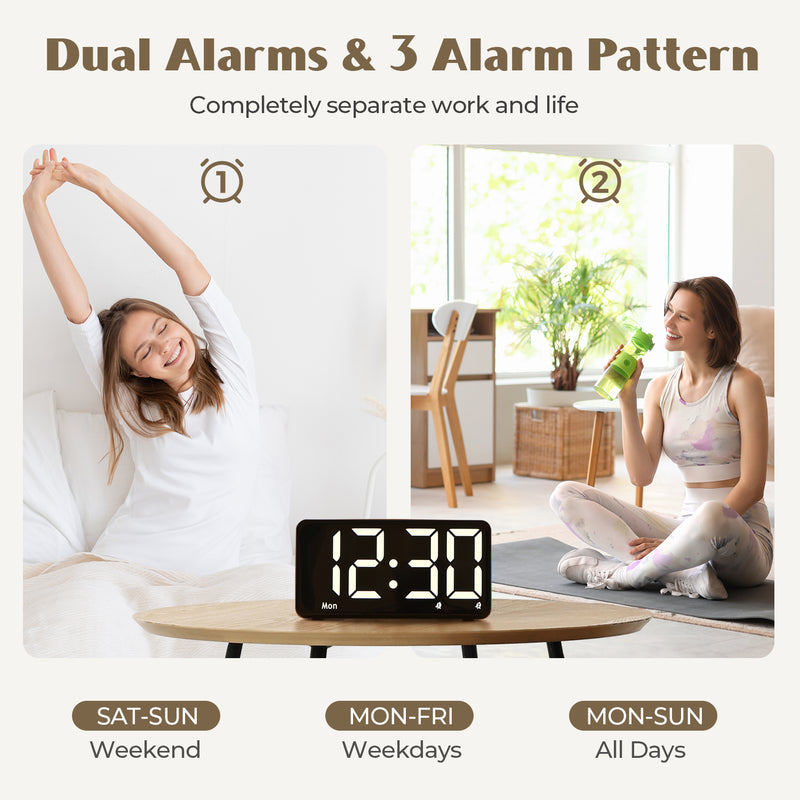 Wooden Alarm Clocks for Bedrooms, Digital Clock with Large Display, Desk Clock for Bedside, Super Loud for Heavy Sleepers, Power-Off Memory & Alarm, 4 Level Brightness +Off, Dual Alarm, 12/24H