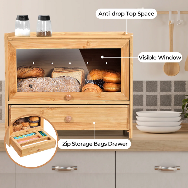 VicTsing Bamboo Bread Box, Corner Bread Box for Kitchen Countertop, Bread Box for Homemade Bread with Window, Bamboo Bread Box for Kitchen Countertop, Pantry Counter Corner