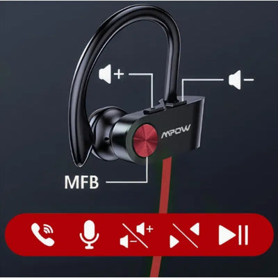 Mpow Bluetooth 5.3 Neckband Sports Earphones with Red and Black Cable Design, Glue-bonded Design, Button Controls, and 12-hour Battery Life