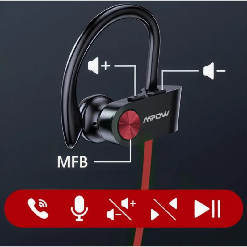 Mpow Bluetooth 5.3 Neckband Sports Earphones with Red and Black Cable Design, Glue-bonded Design, Button Controls, and 12-hour Battery Life