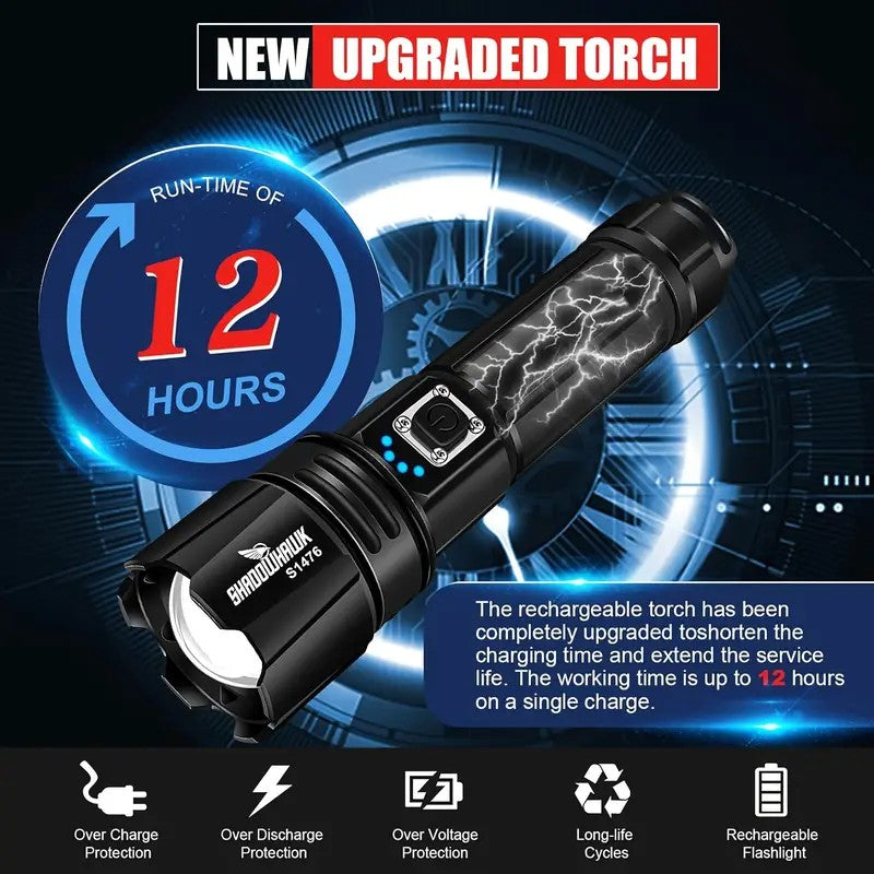 Mpow High-power flashlight with aluminum alloy housing, 5000mAh lithium battery, Type-C charging, 5-level dimming, dual-use battery and USB charging, includes a keychain light and leather case