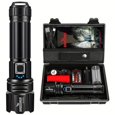 Mpow High-power flashlight with aluminum alloy housing, 5000mAh lithium battery, Type-C charging, 5-level dimming, dual-use battery and USB charging, includes a keychain light and leather case