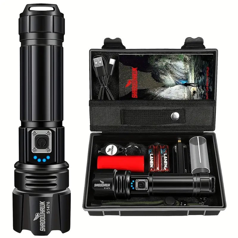 Mpow High-power flashlight with aluminum alloy housing, 5000mAh lithium battery, Type-C charging, 5-level dimming, dual-use battery and USB charging, includes a keychain light and leather case