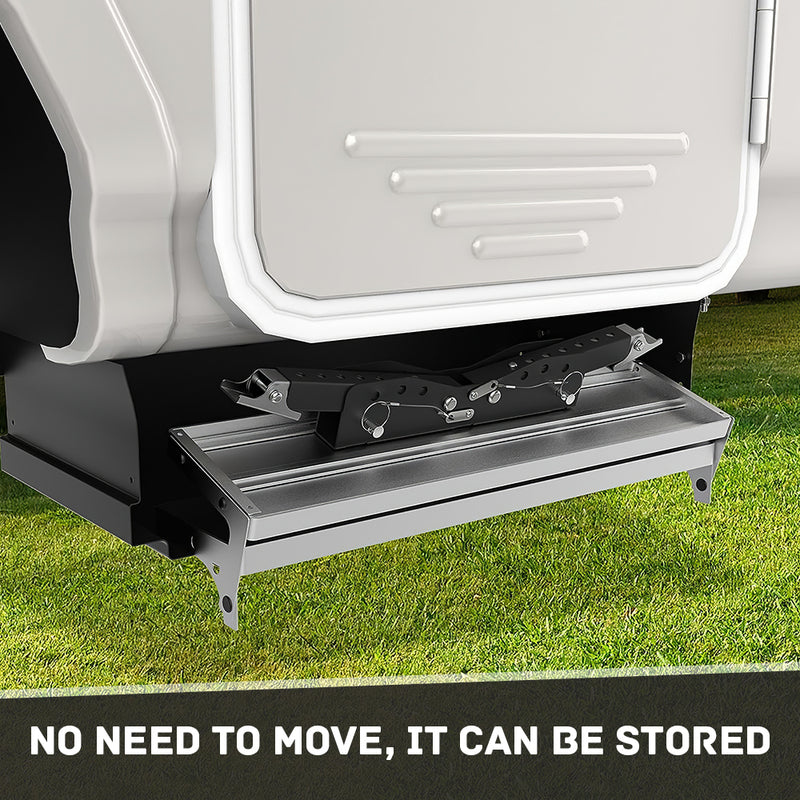 Mpow Adjustable folding step stabilizer for RVs. Anti-shake and anti-sinking. Easy installation. Upgraded stability. Enhanced support and protection for the step