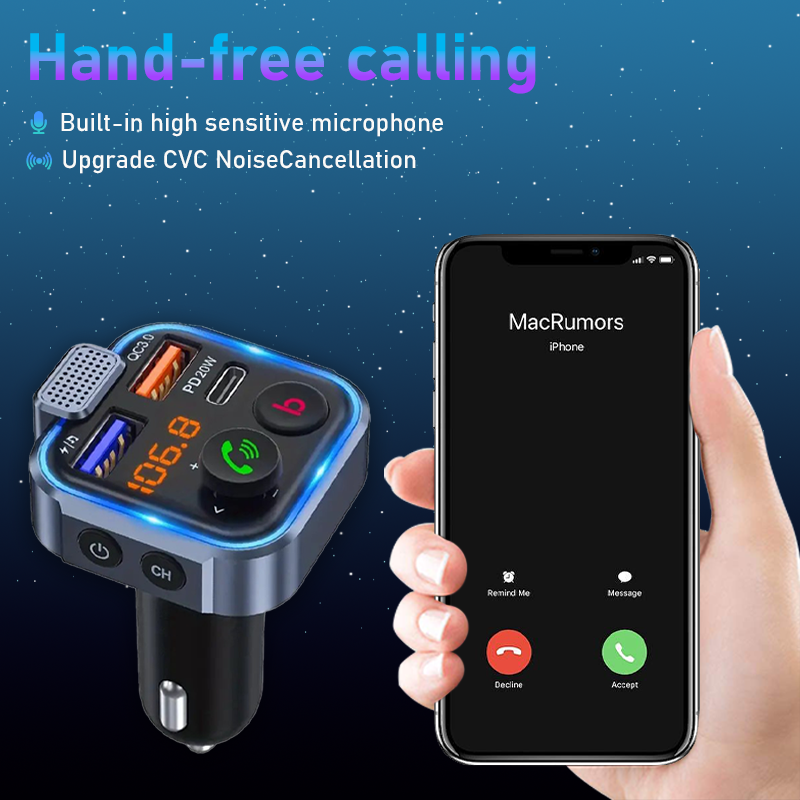 Mpow Bluetooth 5.3 Car FM Transmitter - Hi-Fi Music, Dual Mic Noise Cancellation, 20W PD Fast Charge