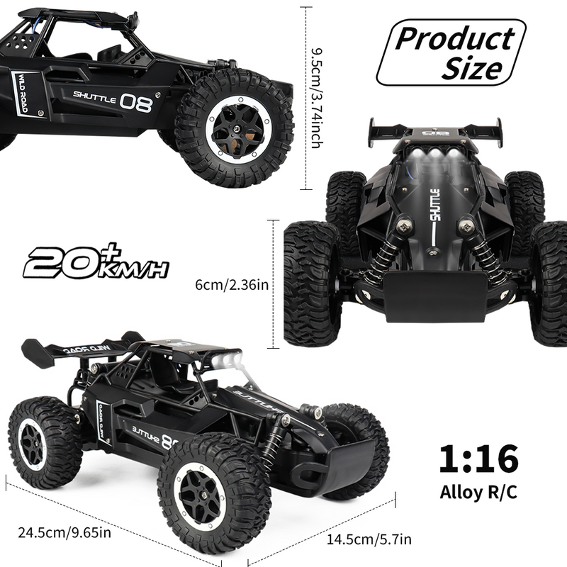 Mpow 1:16 Scale RC Alloy Remote Control Speed Car with 2.4GHz Anti-Interference, Dynamic LED Headlights, and All-Terrain Climbing for Boys