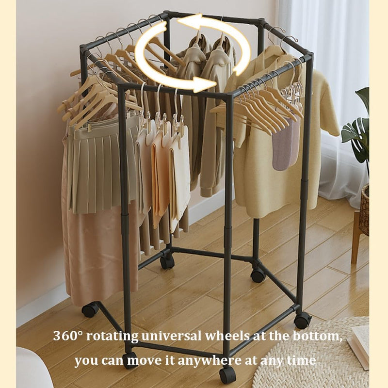 Mpow Hexagonal Floor-Mounted Clothes Rack with 360-Degree Rotation and Wheels for Commercial and Home Use