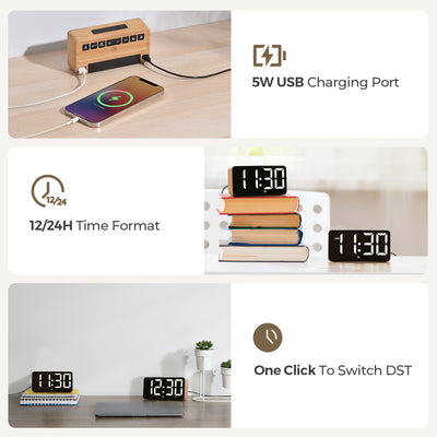 Wooden Alarm Clocks for Bedrooms, Digital Clock with Large Display, Desk Clock for Bedside, Super Loud for Heavy Sleepers, Power-Off Memory & Alarm, 4 Level Brightness +Off, Dual Alarm, 12/24H