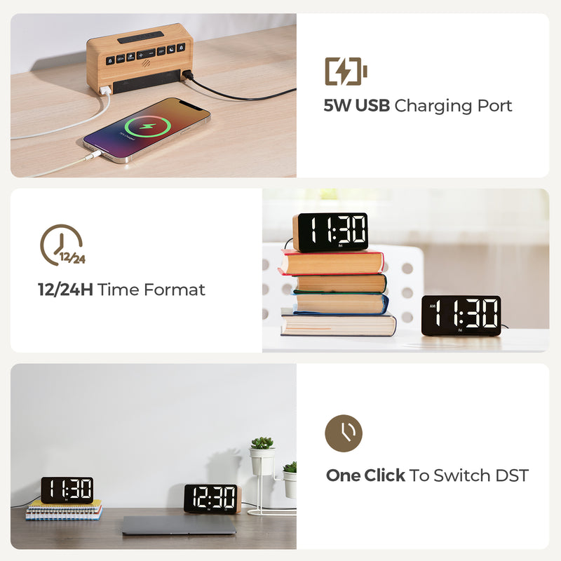 Wooden Alarm Clocks for Bedrooms, Digital Clock with Large Display, Desk Clock for Bedside, Super Loud for Heavy Sleepers, Power-Off Memory & Alarm, 4 Level Brightness +Off, Dual Alarm, 12/24H