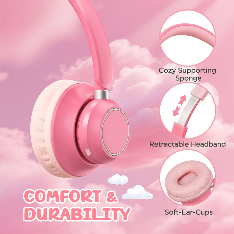 Mpow Kids Headphones with Microphone, 85/94dB Volume Limit, Foldable Over-Ear Stereo Headphones for for Girls & Toddlers, Pink