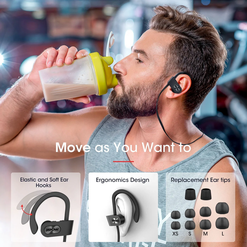 Mpow Flame Bluetooth Headphones, Running Headphones, 16 Hours Playtime Bluetooth 5.0 Wireless Earbuds HD Bass Stereo Sound IPX7 Waterproof Earphones for Workout Running Sports Noise Cancelling Mic