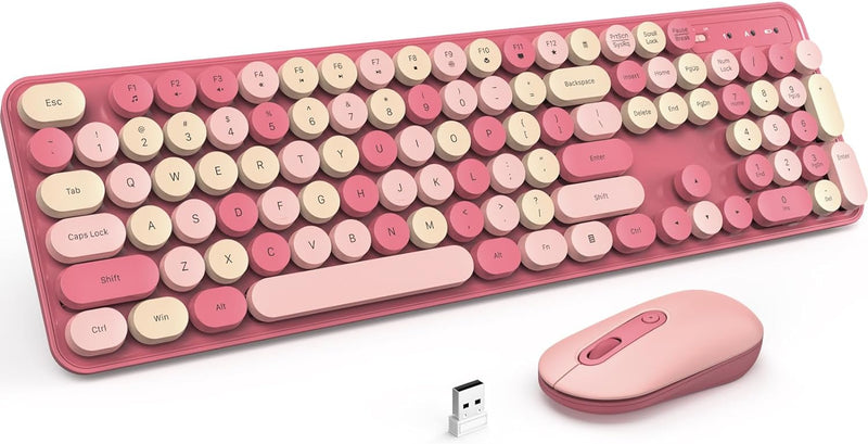 Wireless Keyboard and Mouse, Silent Keyboard Mouse Combo, Full-Sized Colorful Typewriter Keyboard with Round Keycaps, 2.4G Cute Mouse Compatible with PC/Laptop/Computer(Rose Pink)