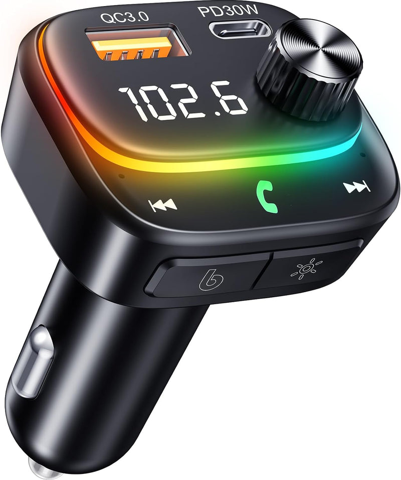 Bluetooth Car Adapter 48W PD&QC3.0 Bluetooth FM Transmitter with [Stronger Dual Mics & HiFi Deep Bass Sound]