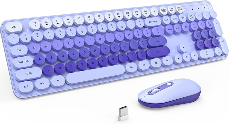 Wireless Keyboard and Mouse, Silent Keyboard Mouse Combo, Full-Sized Colorful Typewriter Keyboard with Round Keycaps, 2.4G Cute Mouse Compatible with PC/Laptop/Computer
