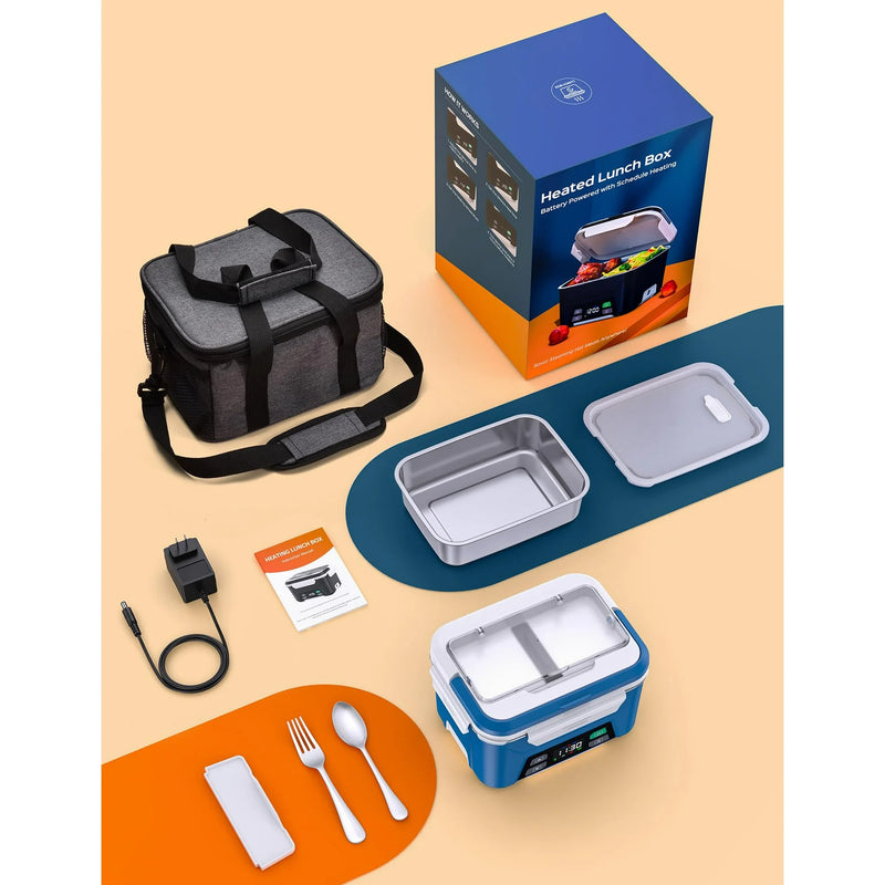Cordless Electric Lunch Box, Heated Lunch Box Battery Powered with Automatic Scheduled Heating, 5.5 Cups Capacity, with Removable Tray Divider, Dishwasher Safe, for Hot Meals Anywhere - Dark Blue
