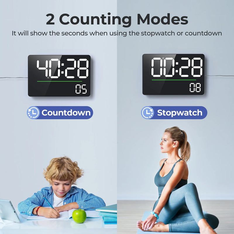 Mpow 16" Digital Wall Clock with Remote Control, Adjustable Brightness & Auto Dimming, Dual Alarm Clock for Bedroom, DST, Stopwatch & Countdown, Digital Clock for Living Room/Office/Gym/Elderly White