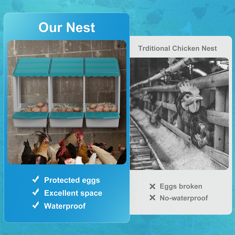 Mpow One-piece chicken nest, available in one or three sets, with automatic egg collection. Made of galvanized steel, easy to assemble, comfortable and safe for hens to lay eggs.