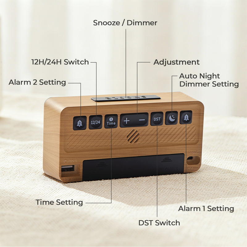 Wooden Alarm Clocks for Bedrooms, Digital Clock with Large Display, Desk Clock for Bedside, Super Loud for Heavy Sleepers, Power-Off Memory & Alarm, 4 Level Brightness +Off, Dual Alarm, 12/24H