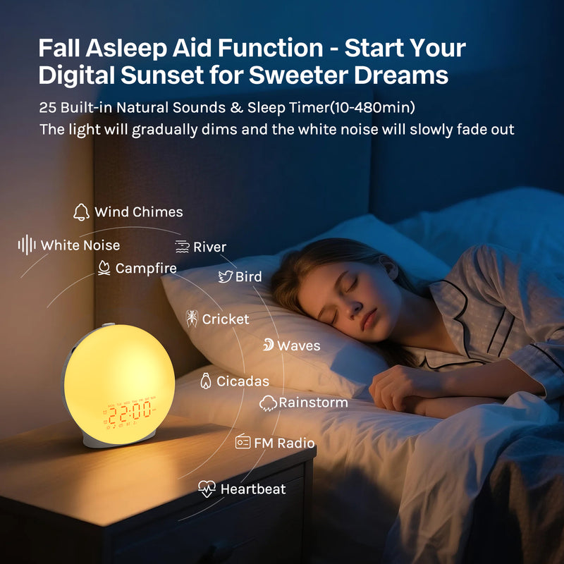 Mpow Wake up Light Sunrise Alarm Clock for Heavy Sleepers, Sleep Aid & Sound Machine, Sync Time with Bluetooth Connection, 25 Natural Sounds, Dual Alarms, 5-20min Snooze, FM Radio, Battery Backup