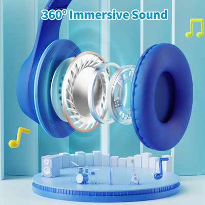 Kids Bluetooth Headphones, Colorful LED Lights Kids Headphones Wireless, 74/85/94dB Safe Volume, 90H Playtime, Fast Charging, Over Ear Toddler Headphones, Built-in Mic for School/Tablet/Airplane,Blue