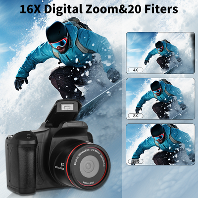 Mpow 16-megapixel camera with 16x digital zoom, 2.4-inch screen, 32GB memory card included, and multi-language support