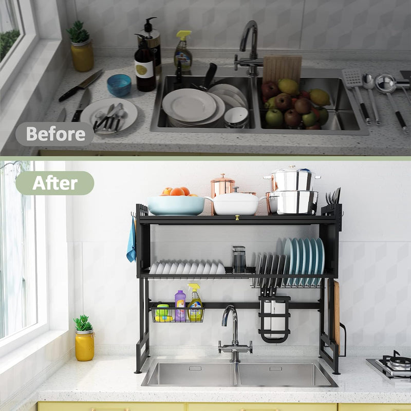 Mpow 65cm Long Drainer with Translucent Door and Complete Accessories for Kitchen Sinks: Large-Capacity Dish and Cutlery Drying Rack