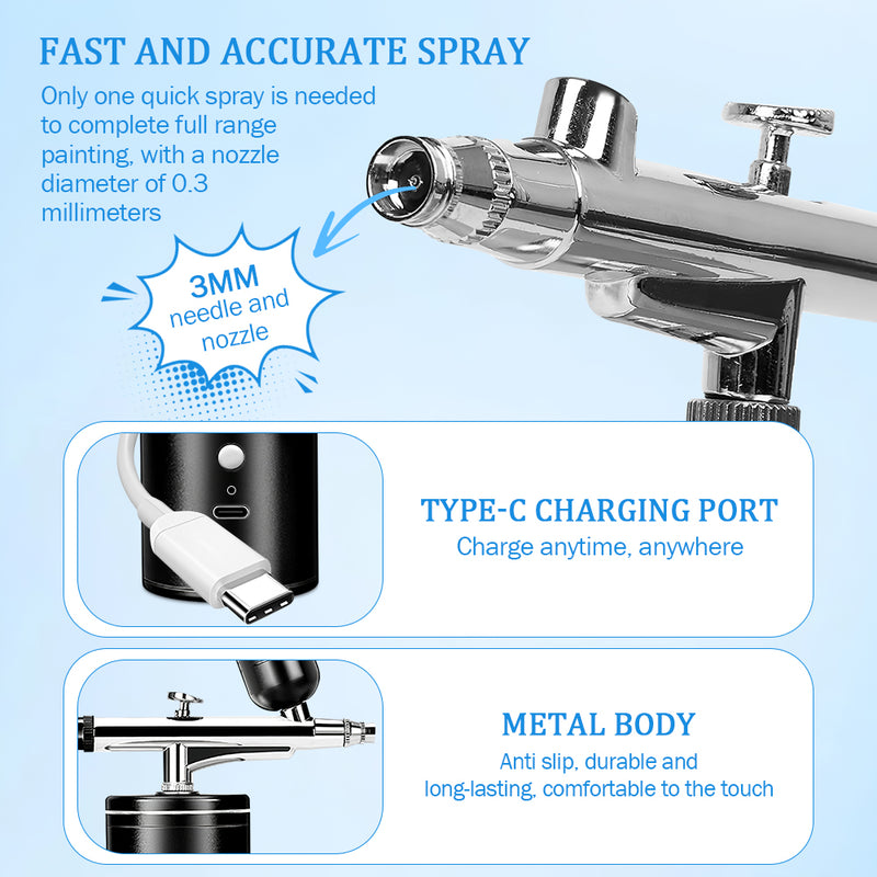Mpow Rechargeable Portable Airbrush Kit - 3 Pressure Settings, 950mAh Battery, 0.3mm Nozzle for Art & DIY Projects